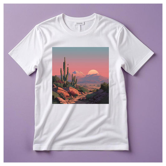Desert Dusk Classic Tee organic cotton white graphic tee with desert dusk print by Yoo to A Tee
